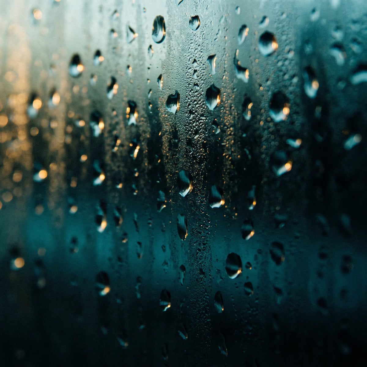 Water droplets beading on glass