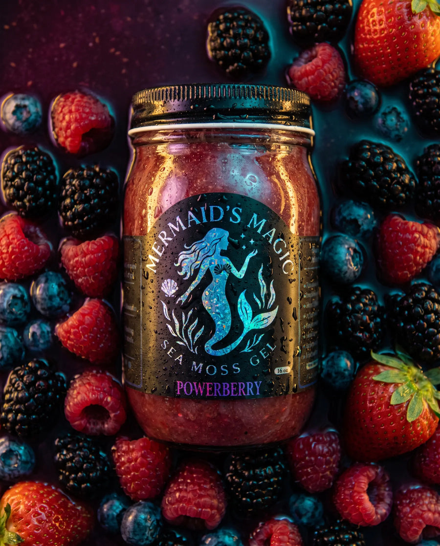 Power Berry Sea Moss Gel styled with fresh whole fruit
