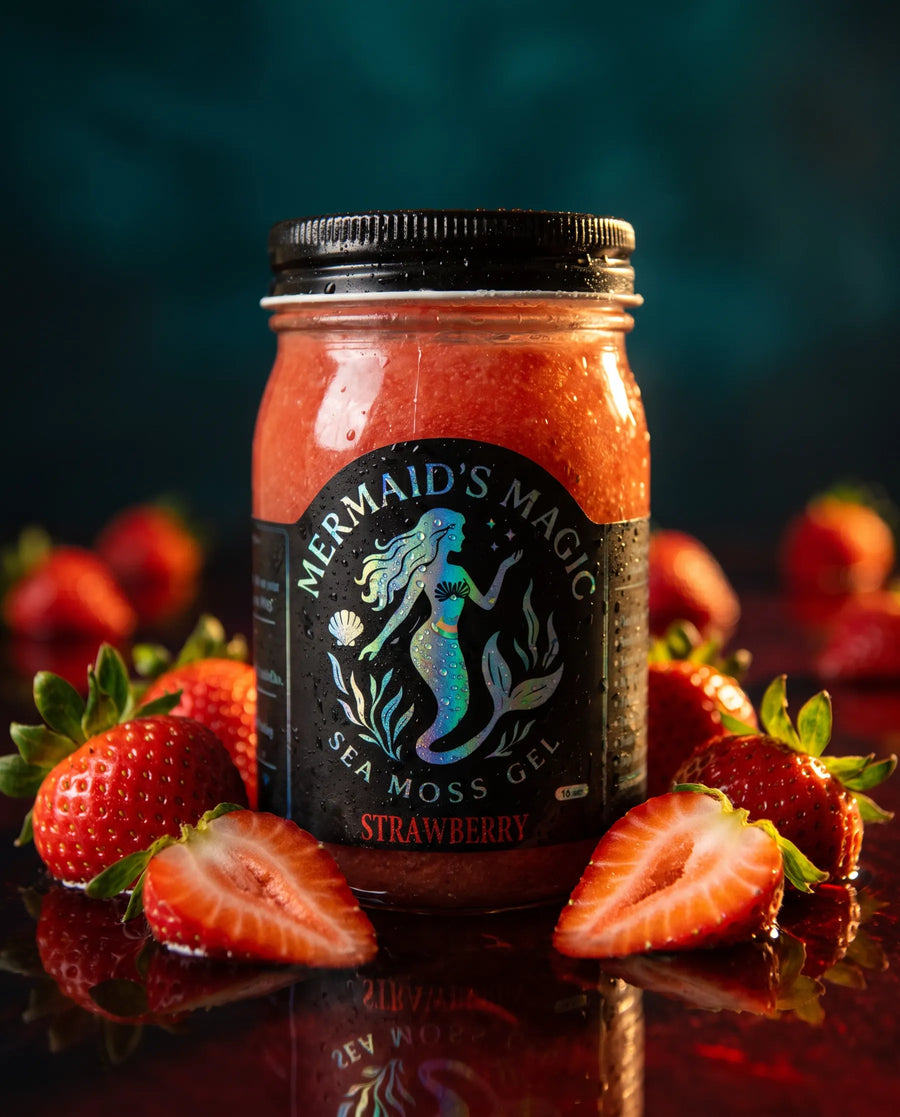 Strawberry Flavor Sea Moss Gel styled with fresh whole fruit