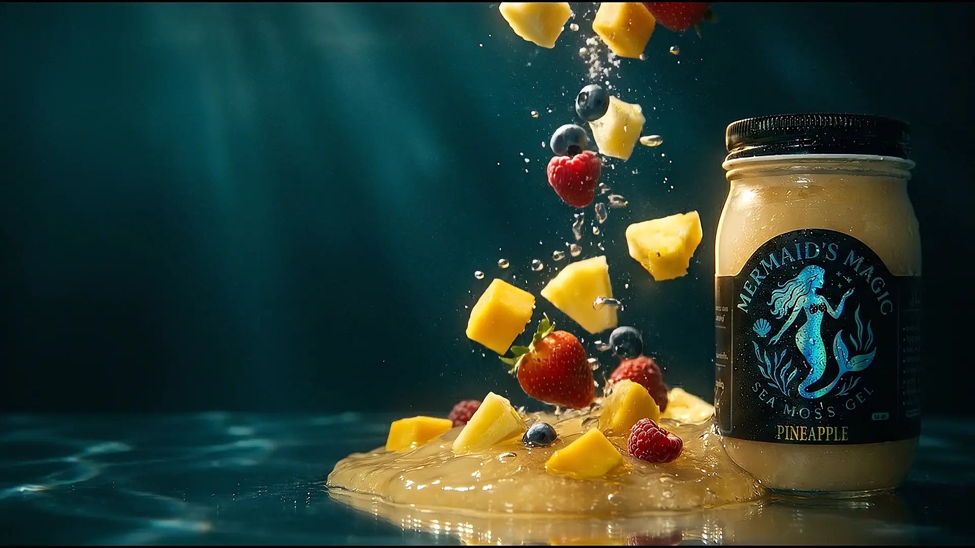 Pineapple, mango and berries falling into a jar of Mermaid's Magic sea moss gel underwater