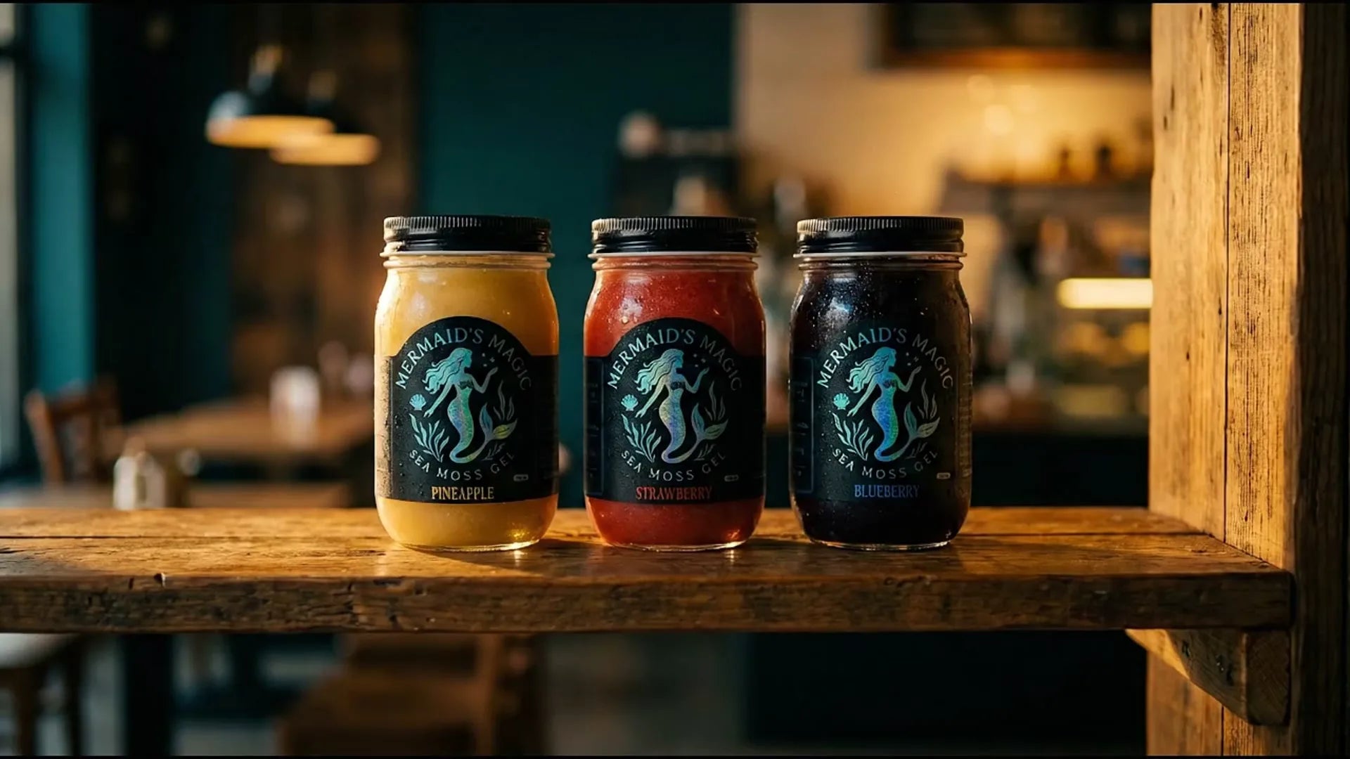 Jars of sea moss gel lined on a café shelf