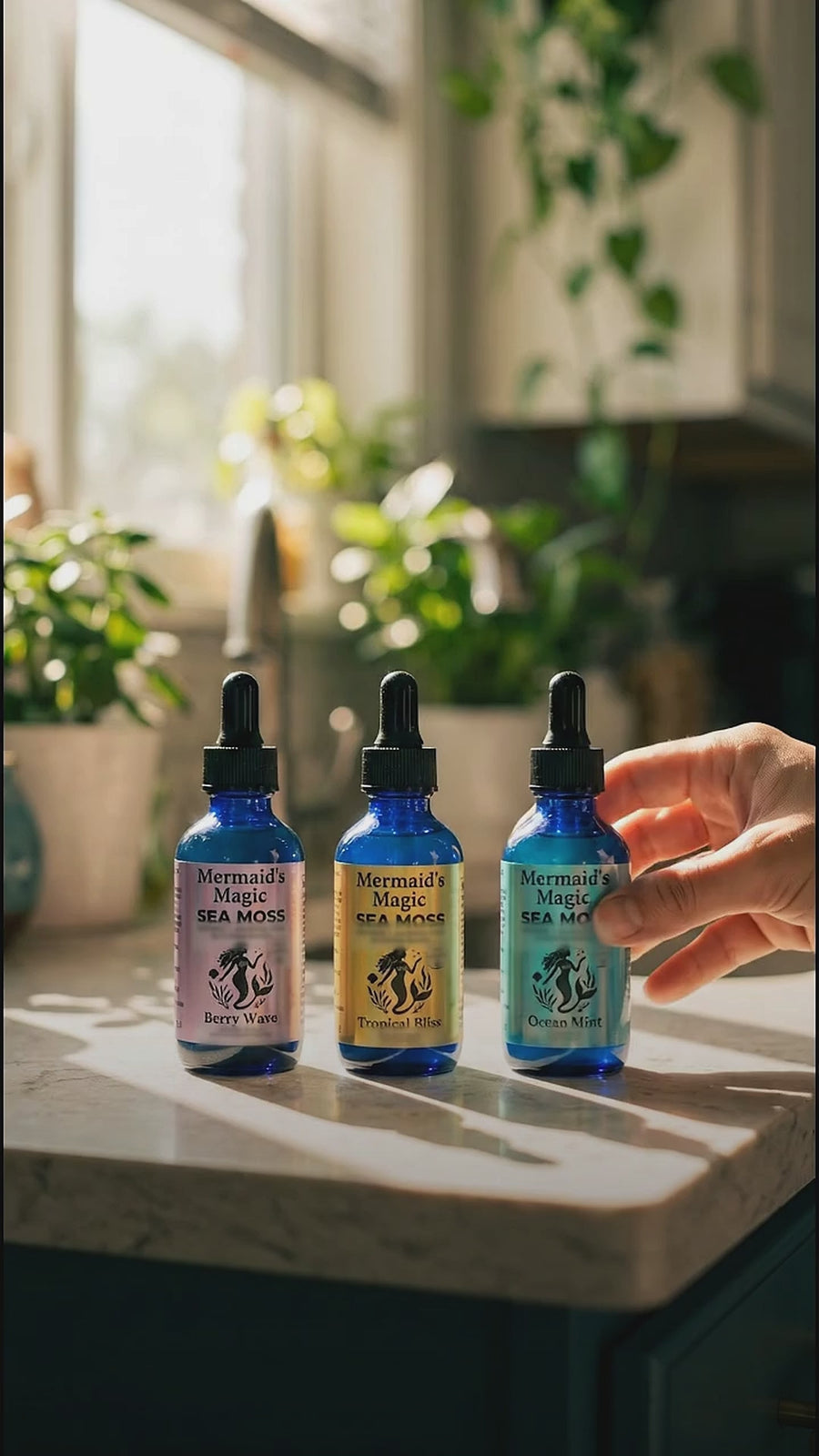 By the Drop: Ocean Mint, Tropical Bliss and Berry Wave sea moss + soursop tinctures, taken by the drop