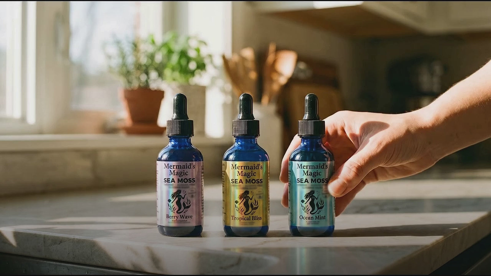 By the Drop: Ocean Mint, Tropical Bliss and Berry Wave sea moss + soursop tinctures, taken by the drop