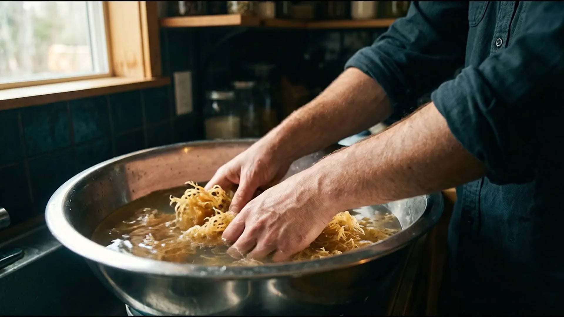 Hands rinsing golden sea moss in a steel bowl in a home kitchen