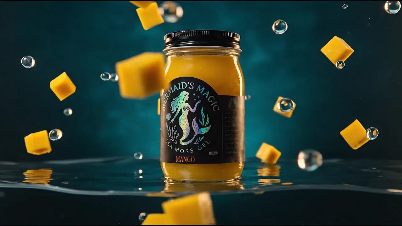 A jar of Mermaid's Magic Mango sea moss gel turning slowly, with mango pieces floating around it