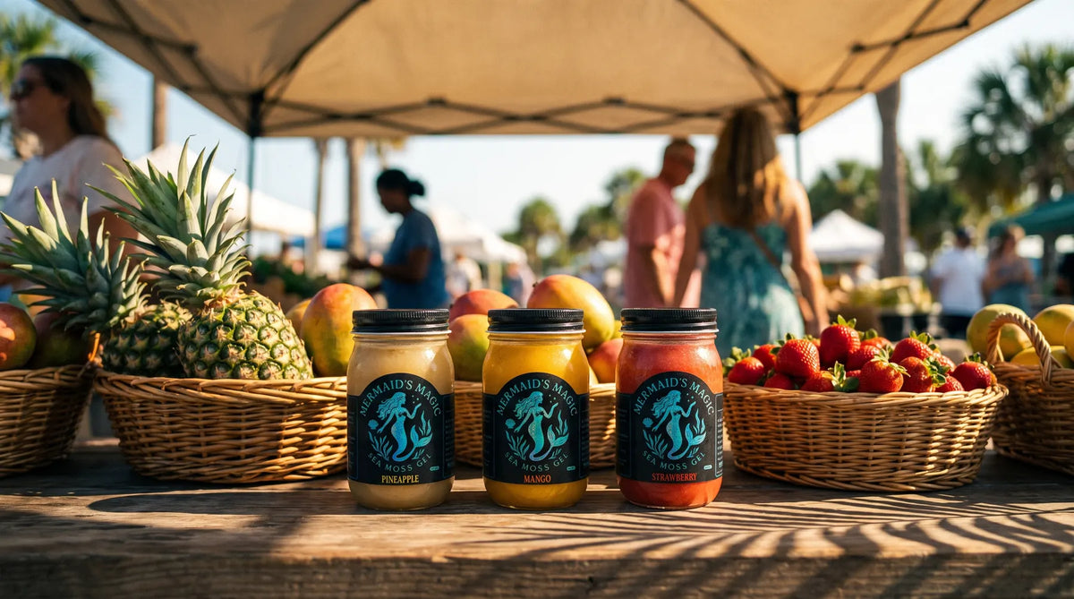 Mermaid's Magic jars on a farmers-market table