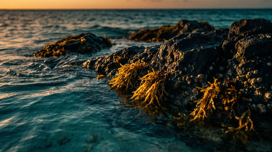 Wild golden sea moss growing on dark shoreline rocks at sunset