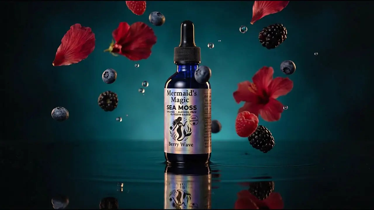 Berry Wave Sea Moss + Soursop Tincture with Hibiscus, turning slowly in the light with its fruit floating around it
