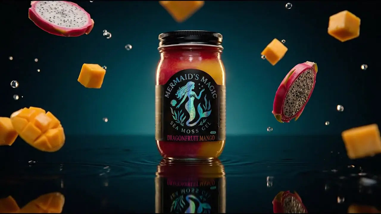 Dragon Fruit Mango Sea Moss Gel LIMITED EDITION, turning slowly in the light with its fruit floating around it