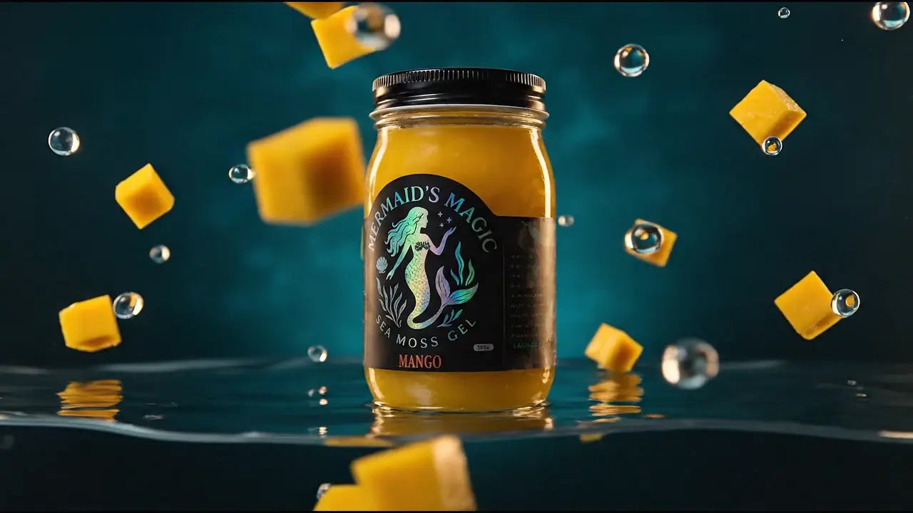 Mango Flavor Sea Moss Gel, turning slowly in the light with its fruit floating around it