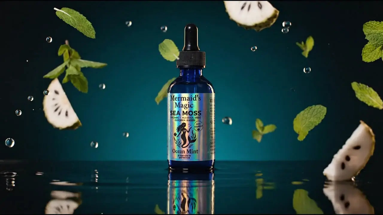 Ocean Mint Sea Moss + Soursop Tincture with Lemon Balm, turning slowly in the light with its fruit floating around it