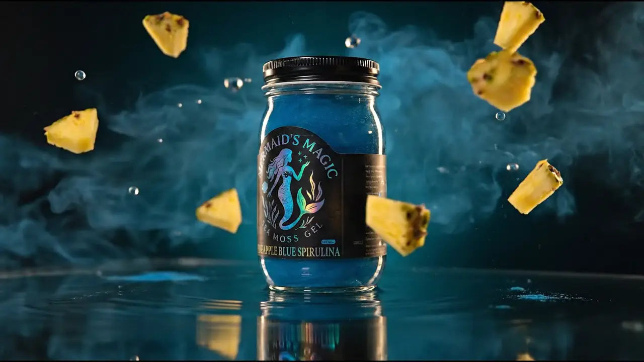 Pineapple with Blue Spirulina, turning slowly in the light with its fruit floating around it