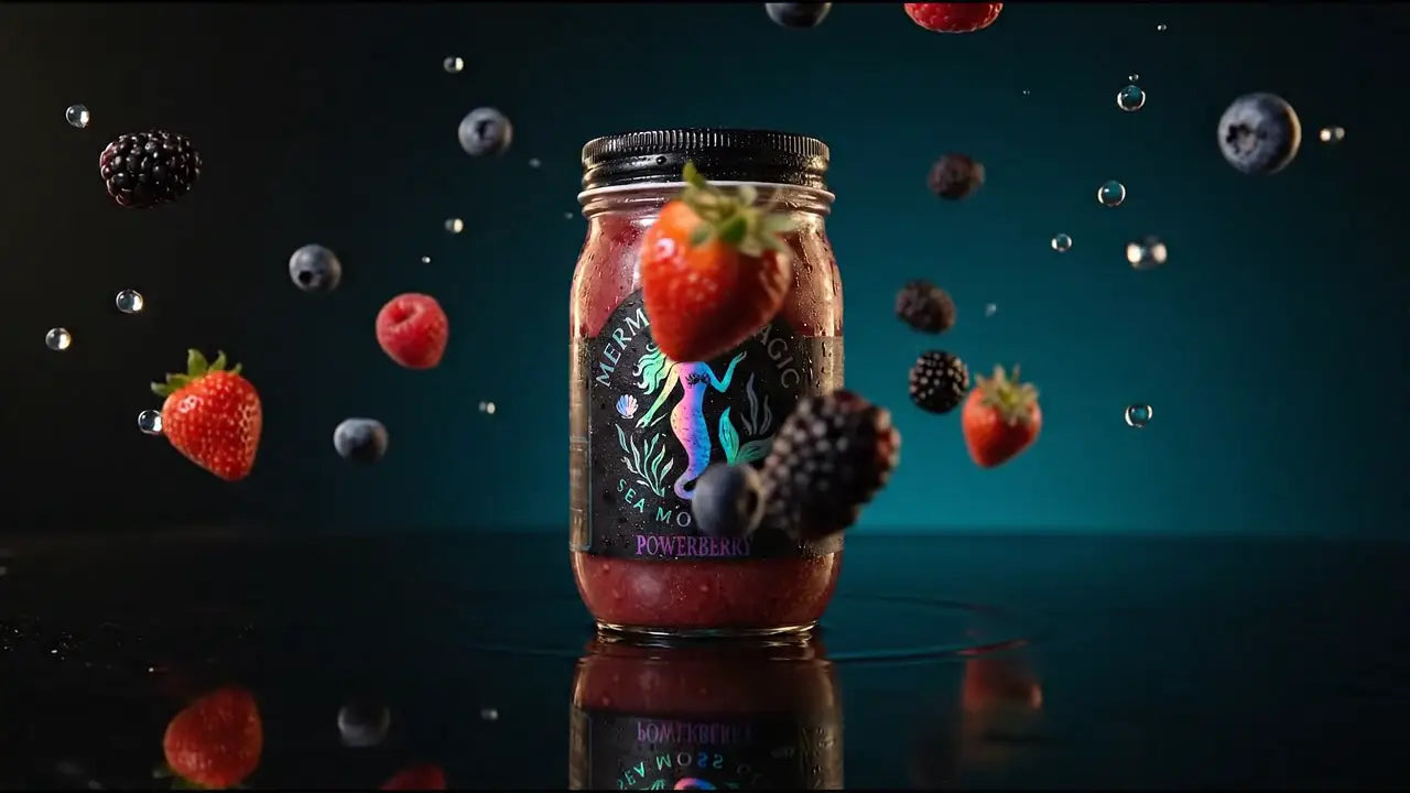 Power Berry Sea Moss Gel, turning slowly in the light with its fruit floating around it