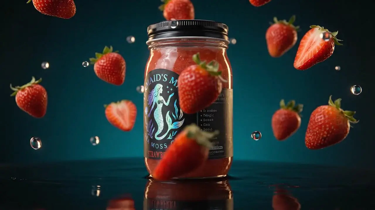 Strawberry Flavor Sea Moss Gel, turning slowly in the light with its fruit floating around it