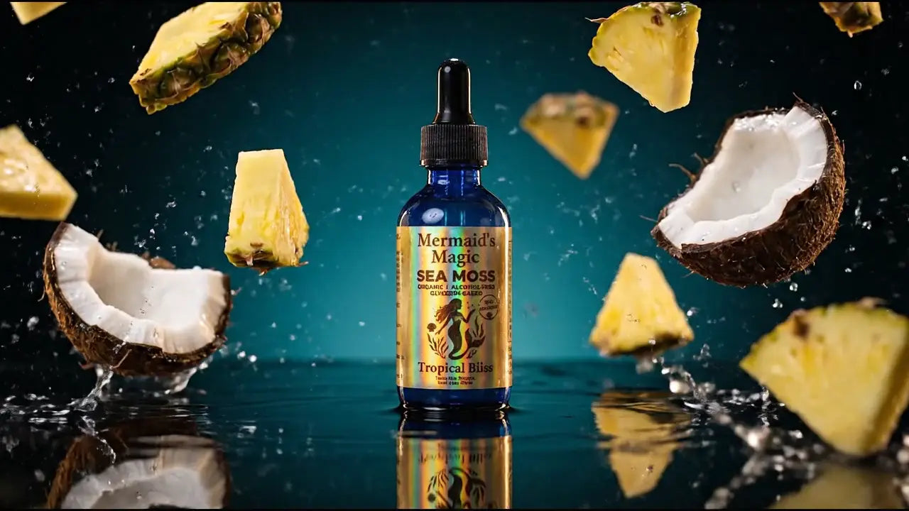 Tropical Bliss Sea Moss + Soursop Tincture, turning slowly in the light with its fruit floating around it